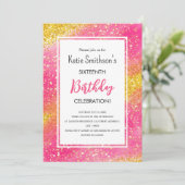Girly Pink Gold Glitter Birthday Uitnodiging (Staand voorkant)