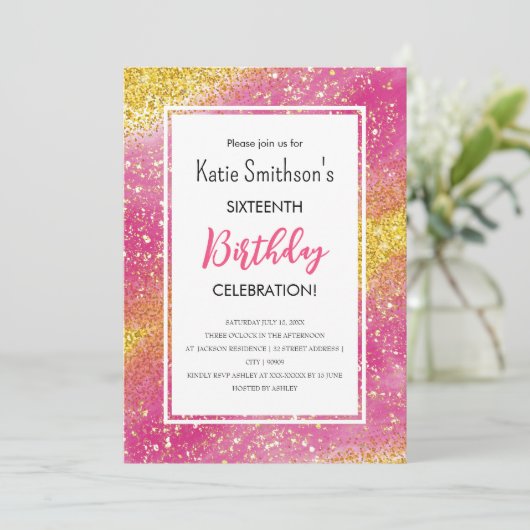 Girly Pink Gold Glitter Birthday Uitnodiging (Staand voorkant)