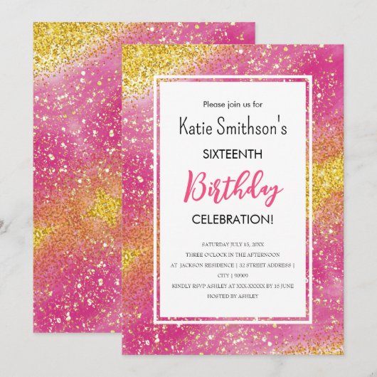 Girly Pink Gold Glitter Birthday Uitnodiging (Voorkant / Achterkant)