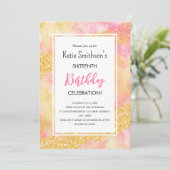  Girly Pink Gold Glitter Birthday Uitnodiging (Staand voorkant)
