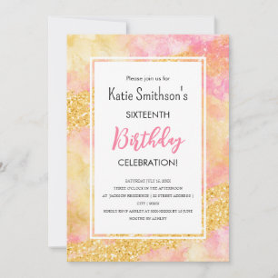  Girly Pink Gold Glitter Birthday Uitnodiging