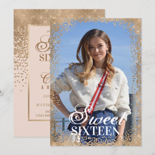 Girly Pink Gold Glitter Confetti Foto Sweet 16 Kaart (Voorkant / Achterkant)