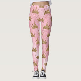 Girly Pink Gold Glitter Crowns Sparkly Leggings