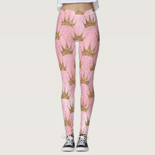 Girly Pink Gold Glitter Crowns Sparkly Leggings