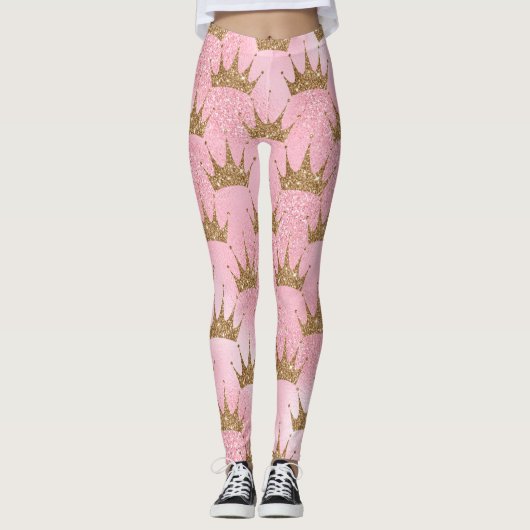 Girly Pink Gold Glitter Crowns Sparkly Leggings (Voorkant)