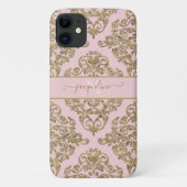 Girly Pink Gold Glitter Damask Monogramnaam Case-Mate iPhone Case (Achterkant)