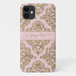 Girly Pink Gold Glitter Damask Monogramnaam Case-Mate iPhone Case