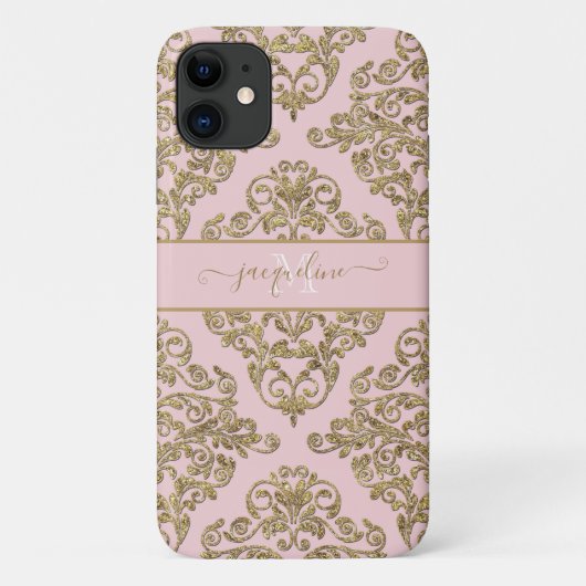Girly Pink Gold Glitter Damask Monogramnaam Case-Mate iPhone Case (Achterkant)