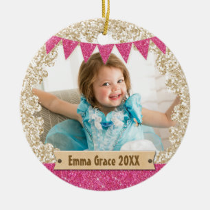 Girly Pink & Gold Glitter Foto Keramisch Ornament