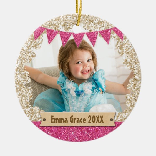 Girly Pink & Gold Glitter Foto Keramisch Ornament (Voorkant)