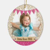 Girly Pink & Gold Glitter Foto Keramisch Ornament (Links)