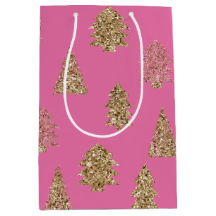 Girly Pink Gold Glitter Glam Kerstbomen Medium Cadeauzakje