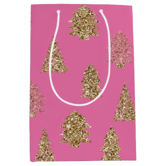 Girly Pink Gold Glitter Glam Kerstbomen Medium Cadeauzakje (Voorkant)