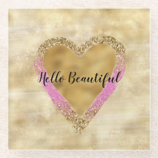 Girly Pink Gold Glitter Heart Glazen Onderzetter (Voorkant)