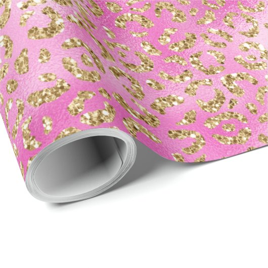 Girly Pink Gold Glitter Leopard Print Cadeaupapier (Rol Hoek)