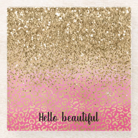 Girly Pink Gold Glitter Leopard Print Glazen Onderzetter (Voorkant)