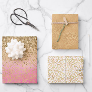 Girly Pink Gold Glitter Leopard Print Inpakpapier Vel