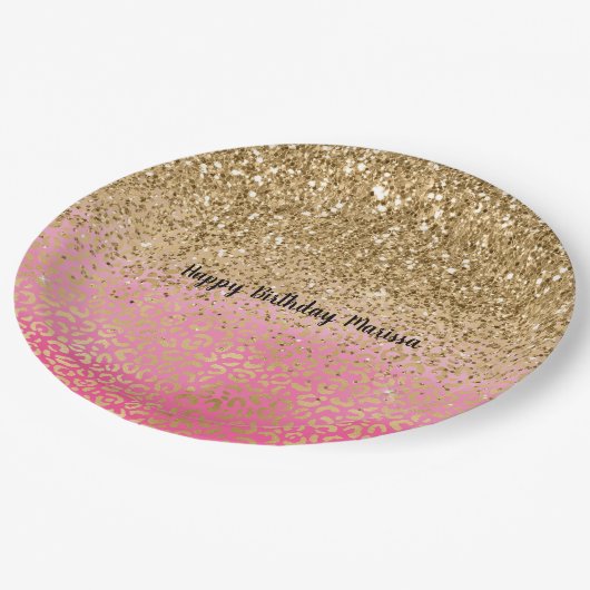 Girly Pink Gold Glitter Leopard Print Papieren Bordje (Gekanteld)