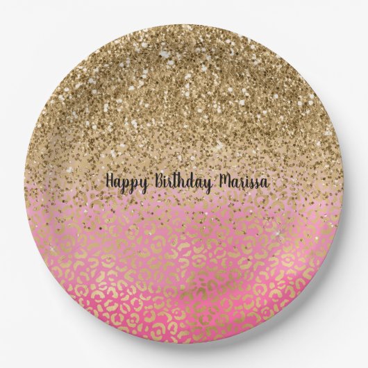Girly Pink Gold Glitter Leopard Print Papieren Bordje (Voorkant)