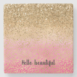 Girly Pink Gold Glitter Leopard Print Stenen Onderzetter