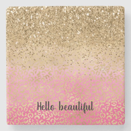 Girly Pink Gold Glitter Leopard Print Stenen Onderzetter (Voorkant)