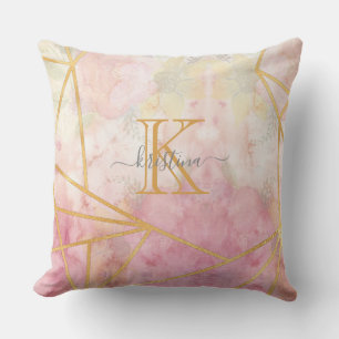 Girly Pink Gold Glitter Sparkle Monogram Floral Buitenkussen