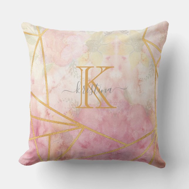 Girly Pink Gold Glitter Sparkle Monogram Floral Buitenkussen (Voorkant)