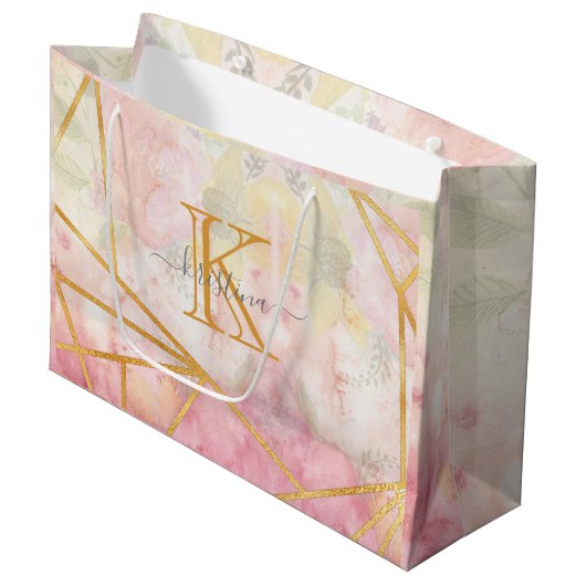 Girly Pink Gold Glitter Sparkle Monogram Floral Groot Cadeauzakje (Voorkant Gekanteld)