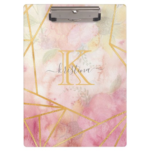 Girly Pink Gold Glitter Sparkle Monogram Floral Klembord (Voorkant)