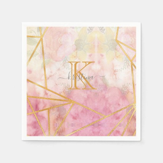 Girly Pink Gold Glitter Sparkle Monogram Floral Servet (Voorkant)