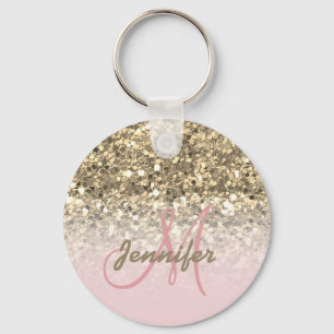 Girly Pink Gold Glitter Sparkles Monogram Sleutelhanger
