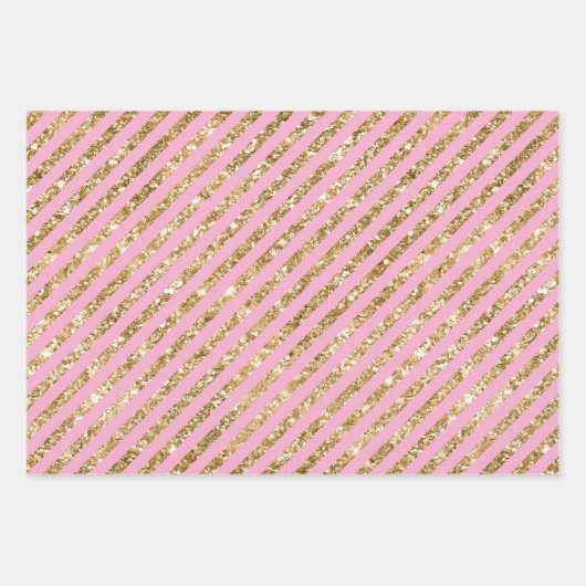 Girly Pink Gold Glitter Stripes Inpakpapier Vel (Voorkant 2)
