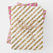 Girly Pink Gold Glitter Stripes Inpakpapier Vel (In situ)