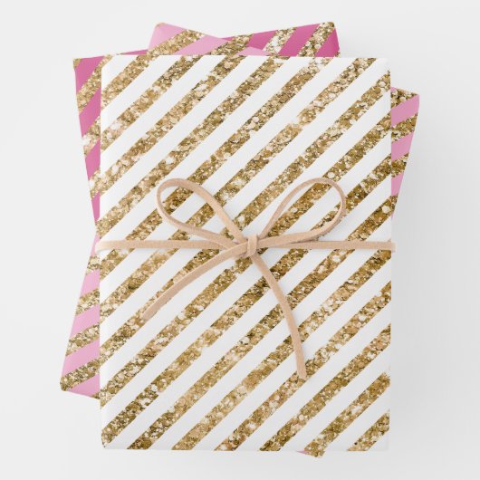 Girly Pink Gold Glitter Stripes Inpakpapier Vel (In situ)