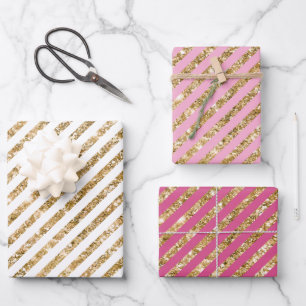 Girly Pink Gold Glitter Stripes Inpakpapier Vel