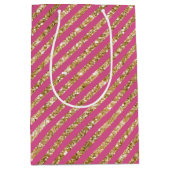 Girly Pink Gold Glitter Stripes Medium Cadeauzakje (Voorkant)
