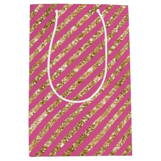 Girly Pink Gold Glitter Stripes Medium Cadeauzakje (Voorkant)