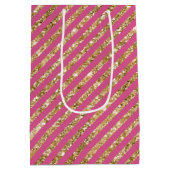 Girly Pink Gold Glitter Stripes Medium Cadeauzakje (Achterkant)