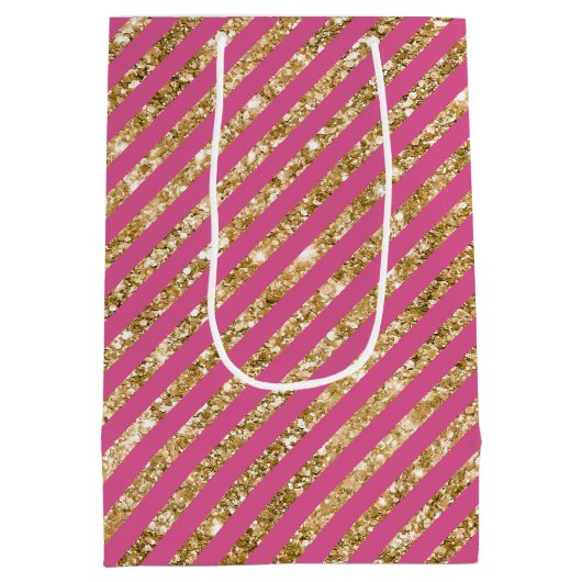 Girly Pink Gold Glitter Stripes Medium Cadeauzakje (Achterkant)