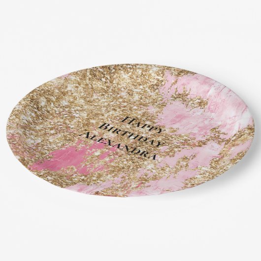 Girly Pink Gold Glitter Verjaardag Papieren Bordje (Gekanteld)
