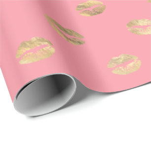 Girly Pink Gold Kiss Lips Patroon Cadeaupapier