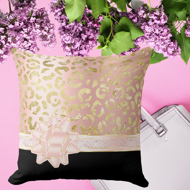 Girly Pink Gold Leopard Black Bleek Pink Bow Ribbo Kussen (Creator heeft geüpload)