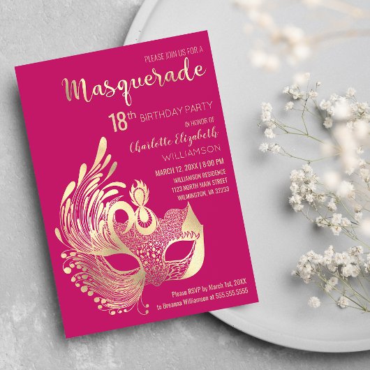 Girly Pink Gold Masquerade 18e verjaardag Magnetische Uitnodiging