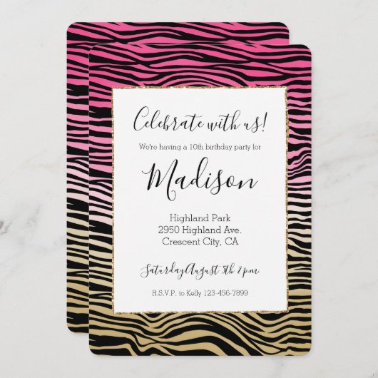 Girly Pink Gold Ombre Waterverf Black Zebra Print Kaart (Voorkant / Achterkant)