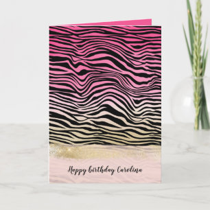 Girly Pink Gold Ombre Waterverf Black Zebra Print Kaart