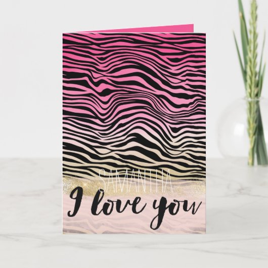 Girly Pink Gold Ombre Waterverf Zwart Zebra Liefde Kaart (Voorkant)