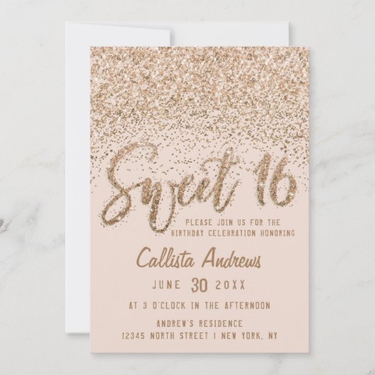Girly Pink Gold Scattered Glitter Ombre Sweet 16 Kaart (Voorkant)