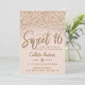 Girly Pink Gold Scattered Glitter Ombre Sweet 16 Kaart (Staand voorkant)