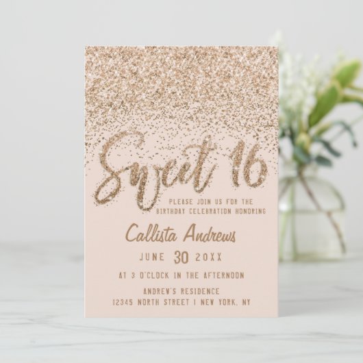 Girly Pink Gold Scattered Glitter Ombre Sweet 16 Kaart (Staand voorkant)
