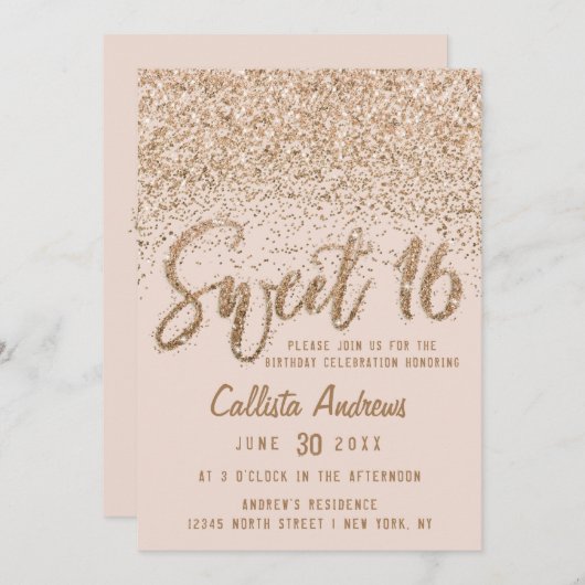 Girly Pink Gold Scattered Glitter Ombre Sweet 16 Kaart (Voorkant / Achterkant)